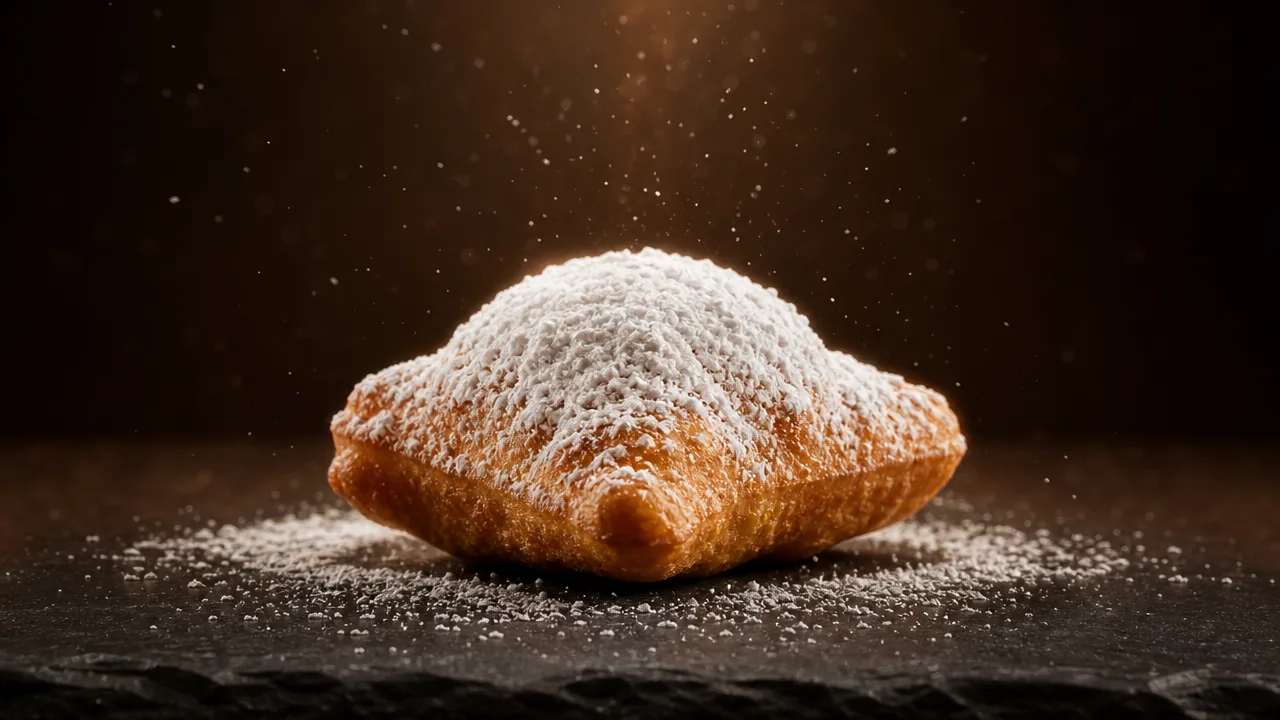 Fresh beignet dusted with powdered sugar