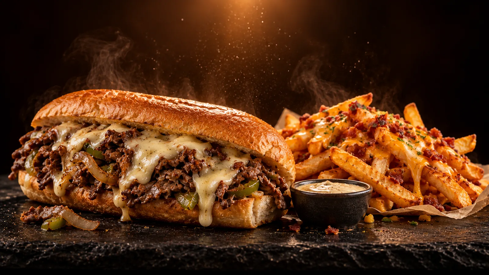 Cheesesteak and fries, steaming hot